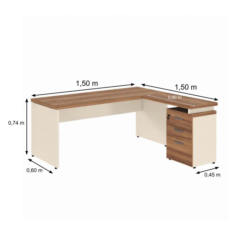 Móveis para Escritório Mesa Escritório em "L" c/ Gavetão na Auxiliar 1,50x1,50m - (Tampo 40mm) - Nogal Sevilha / Champanhe – 34327