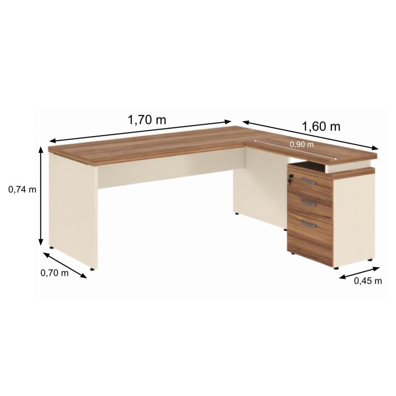 Móveis para Escritório Mesa Escritório em "L" c/ Gavetão na Auxiliar 1,70x1,60m - (Tampo 40mm) - Nogal Sevilha / Champanhe – 34328