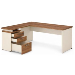 Mesa Escritório em "L" c/ Gavetão na Auxiliar 1,70x1,60m - (Tampo 40mm) - Nogal Sevilha / Champanhe – 34328