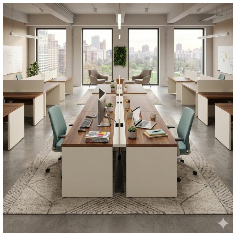 Móveis para Escritório Estação de Trabalho Dupla 1,20m 02 Lugares com Gavetas c/  tomadas Pé Painel - Nogal Sevilha/Champanhe - 34427