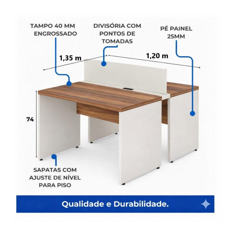 Móveis para Escritório Estação de Trabalho Dupla 1,20m 02 Lugares sem Gavetas c/  tomadas Pé Painel - Nogal Sevilha/Champanhe - 34428