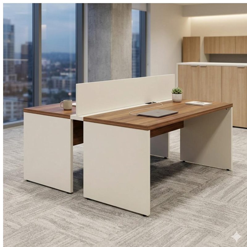 Móveis para Escritório Estação de Trabalho Dupla 1,50m 02 Lugares sem Gavetas c/  tomadas Pé Painel - Nogal Sevilha/Champanhe - 34450