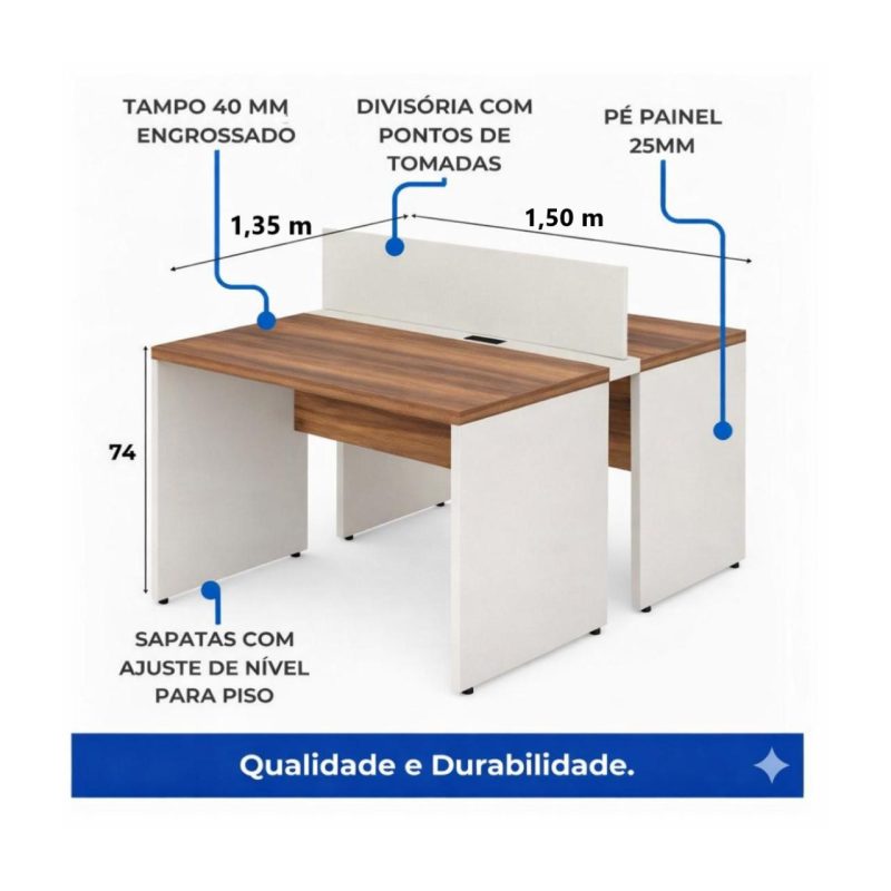 Móveis para Escritório Estação de Trabalho Dupla 1,50m 02 Lugares com Gavetas c/  tomadas Pé Painel - Nogal Sevilha/Champanhe - 34451
