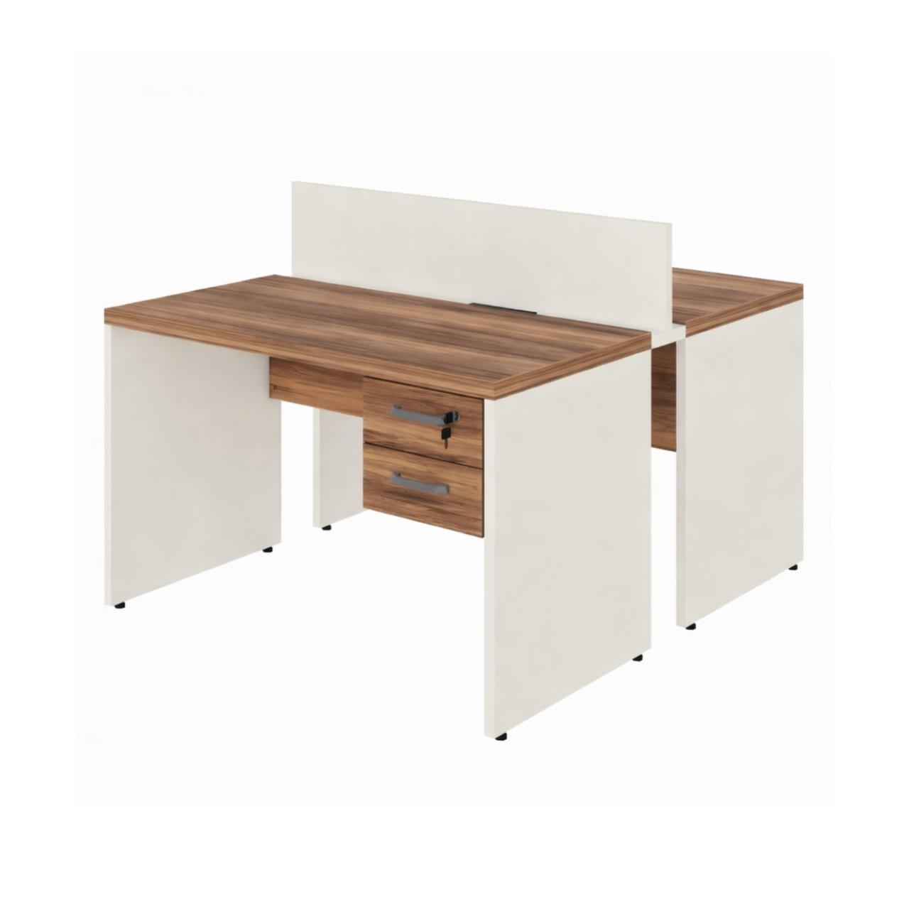 Estação de Trabalho Dupla 1,20m 02 Lugares com Gavetas c/ tomadas Pé Painel – Nogal Sevilha/Champanhe – 34427