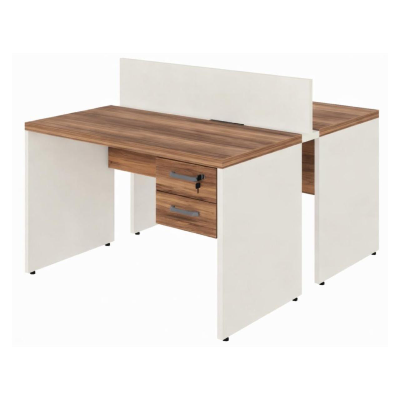 Estação de Trabalho Dupla 1,50m 02 Lugares com Gavetas c/ tomadas Pé Painel – Nogal Sevilha/Champanhe – 34451