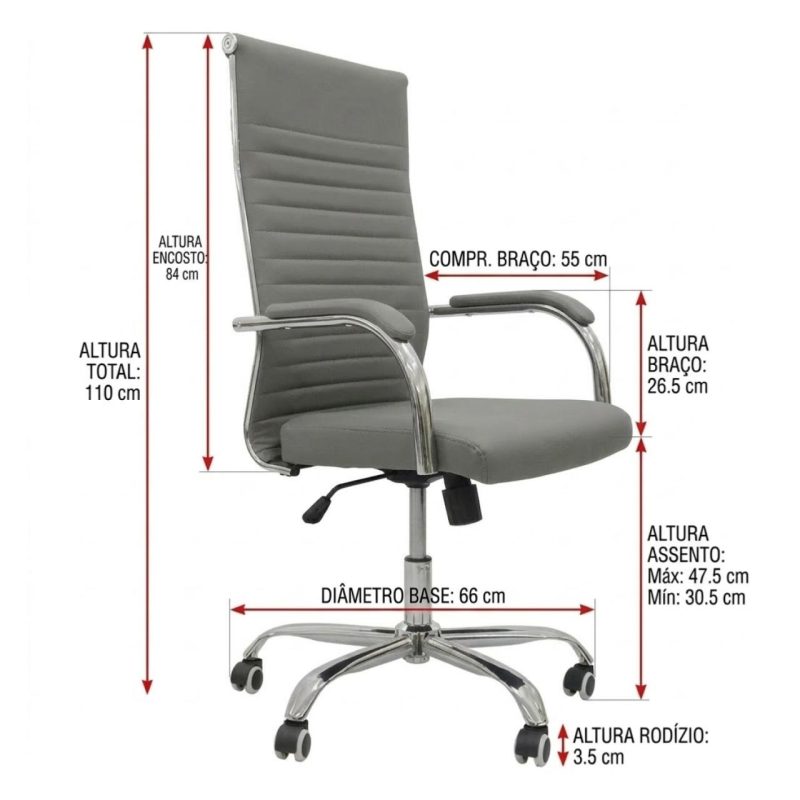 Cadeiras Escritório Cadeira de Escritório Presidente LONDON Giratória - Base Cromada - Corino Cinza - 31090
