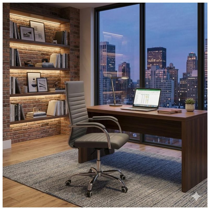 Cadeiras Escritório Cadeira de Escritório Presidente LONDON Giratória - Base Cromada - Corino Cinza - 31090