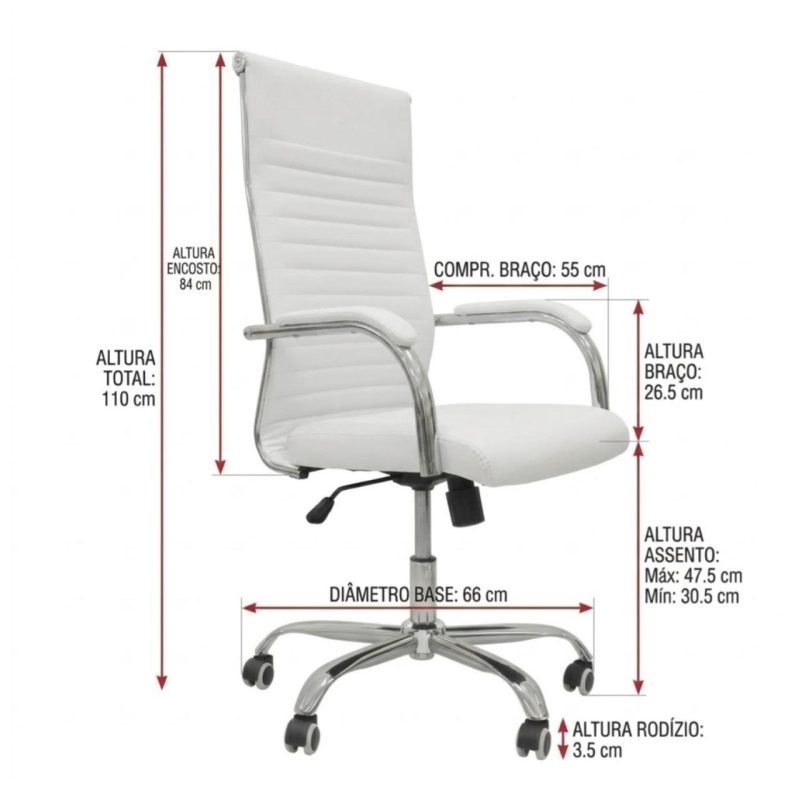 Cadeiras Escritório Cadeira de Escritório Presidente LONDON Giratória - Base Cromada - Corino Branco - 31092