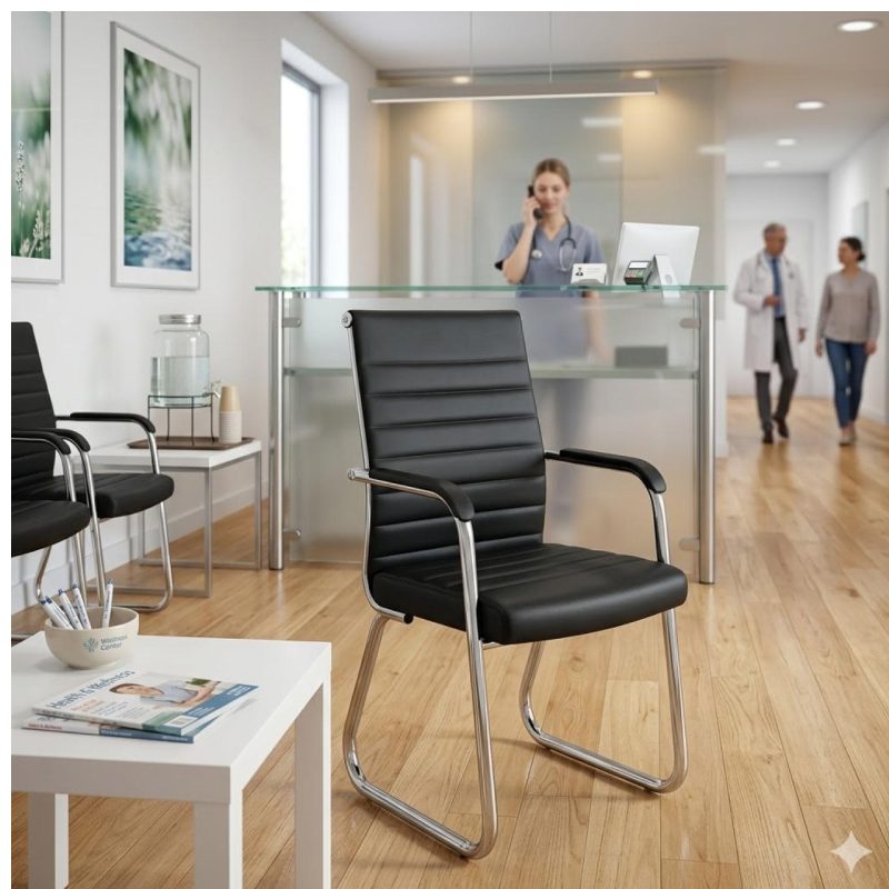 Cadeira de Escritório Fixa Diretor em Couro Ecológico Preto e Base Cromada LONDON - Corino Preto - 32800