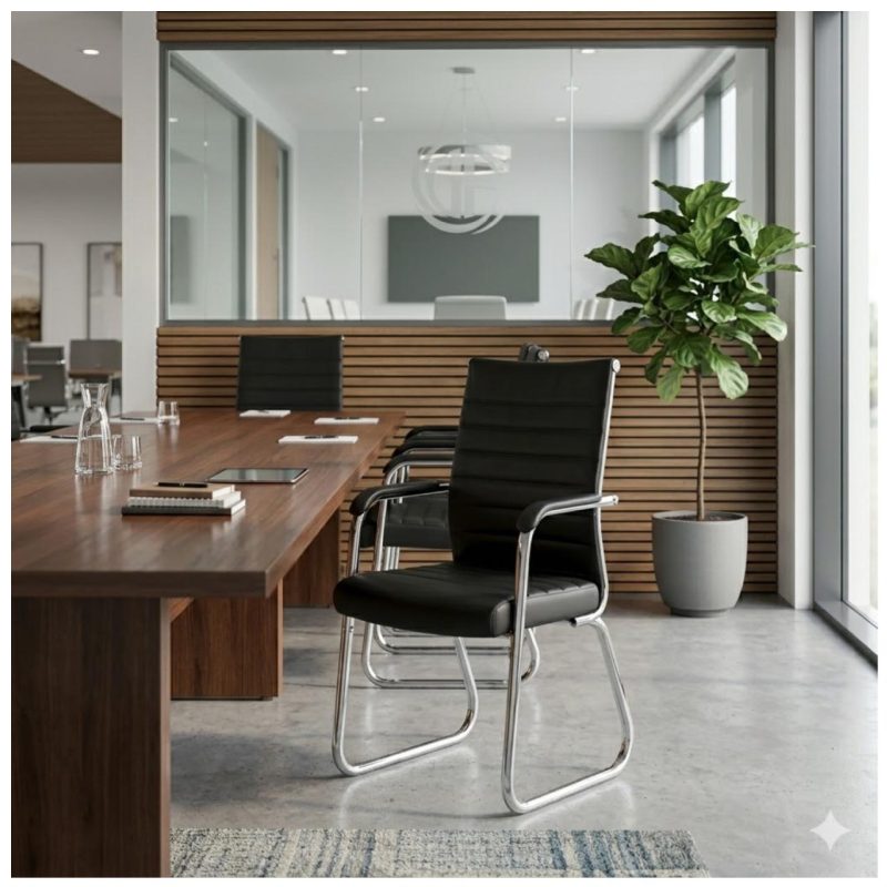 Cadeira de Escritório Fixa Diretor em Couro Ecológico Preto e Base Cromada LONDON - Corino Preto - 32800