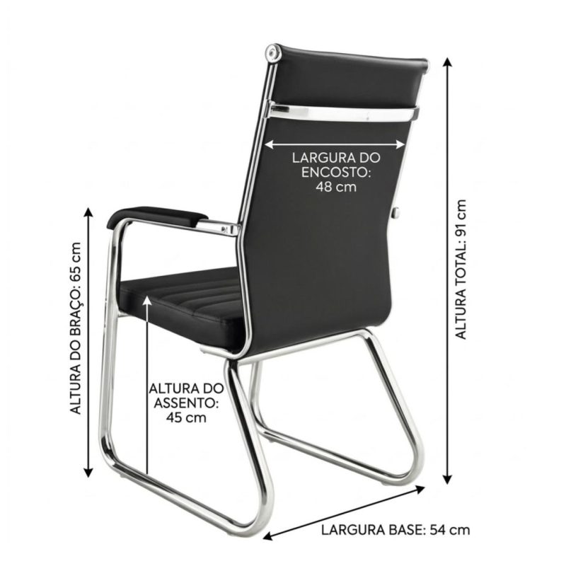 Cadeira de Escritório Fixa Diretor em Couro Ecológico Preto e Base Cromada LONDON - Corino Preto - 32800