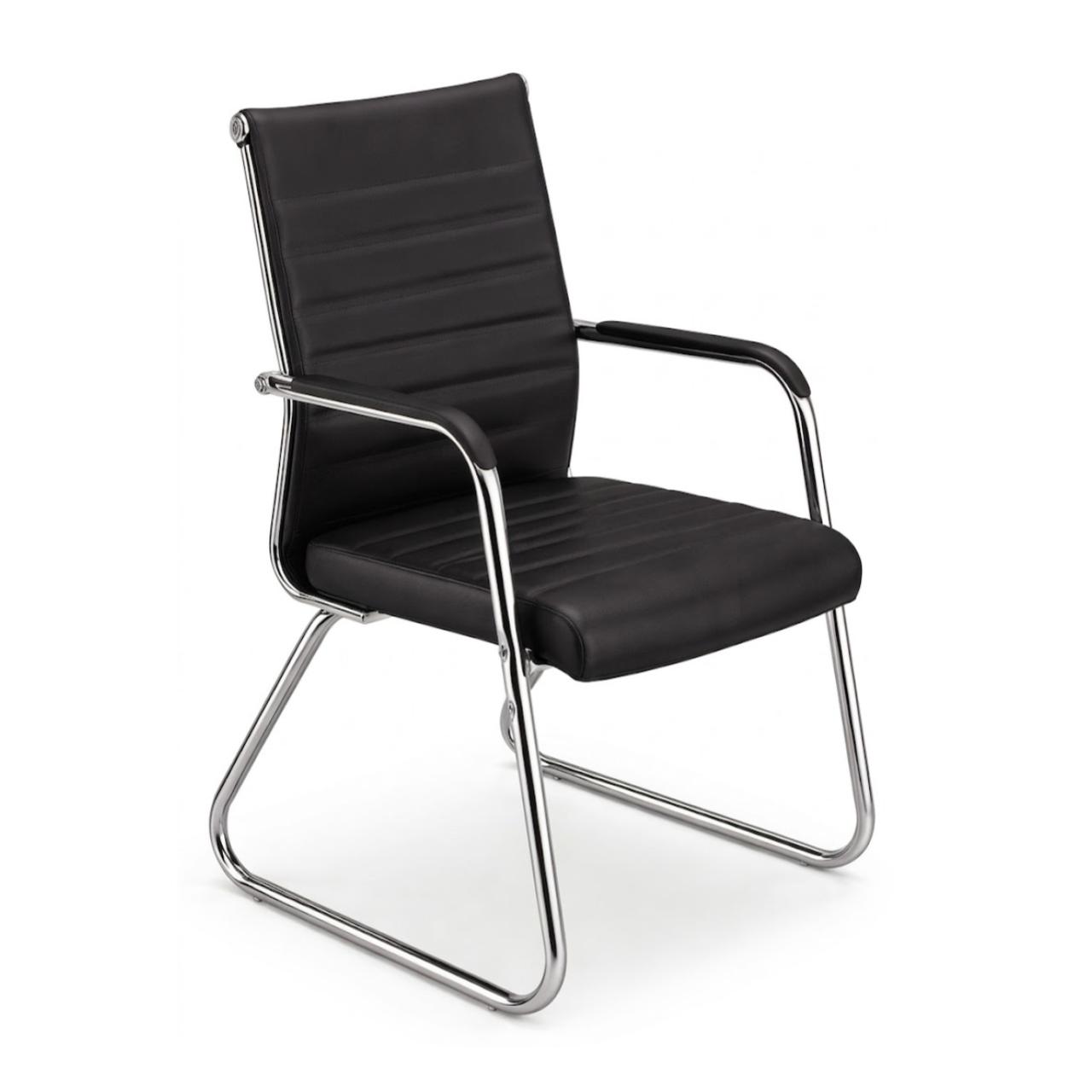 Cadeira de Escritório Fixa Diretor em Couro Ecológico Preto e Base Cromada LONDON – Corino Preto – 32800