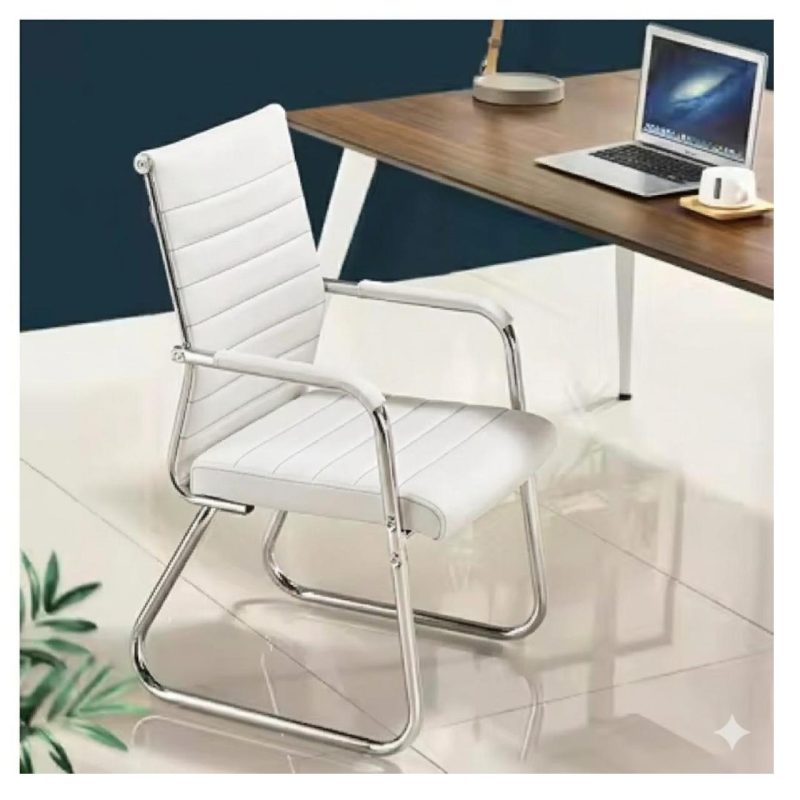 Cadeira de Escritório Fixa Diretor em Couro Ecológico Branco e Base Cromada LONDON - Corino Branco - 32801