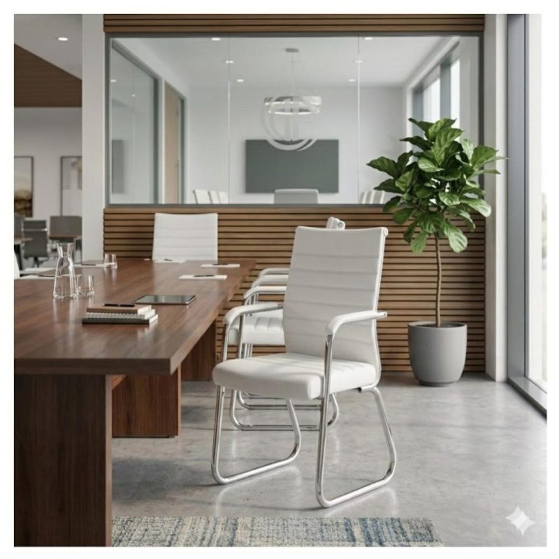 Cadeira de Escritório Fixa Diretor em Couro Ecológico Branco e Base Cromada LONDON - Corino Branco - 32801