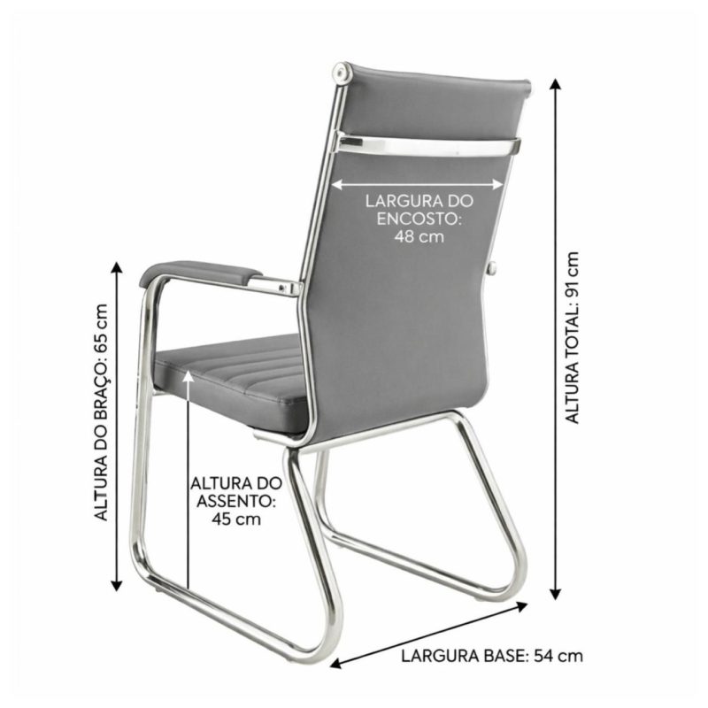 Cadeira de Escritório Fixa Diretor em Couro Ecológico Cinza e Base Cromada LONDON - Corino Cinza - 32803