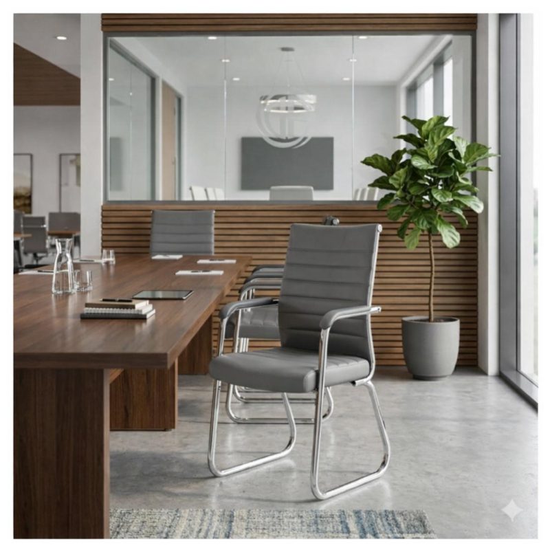 Cadeira de Escritório Fixa Diretor em Couro Ecológico Cinza e Base Cromada LONDON - Corino Cinza - 32803