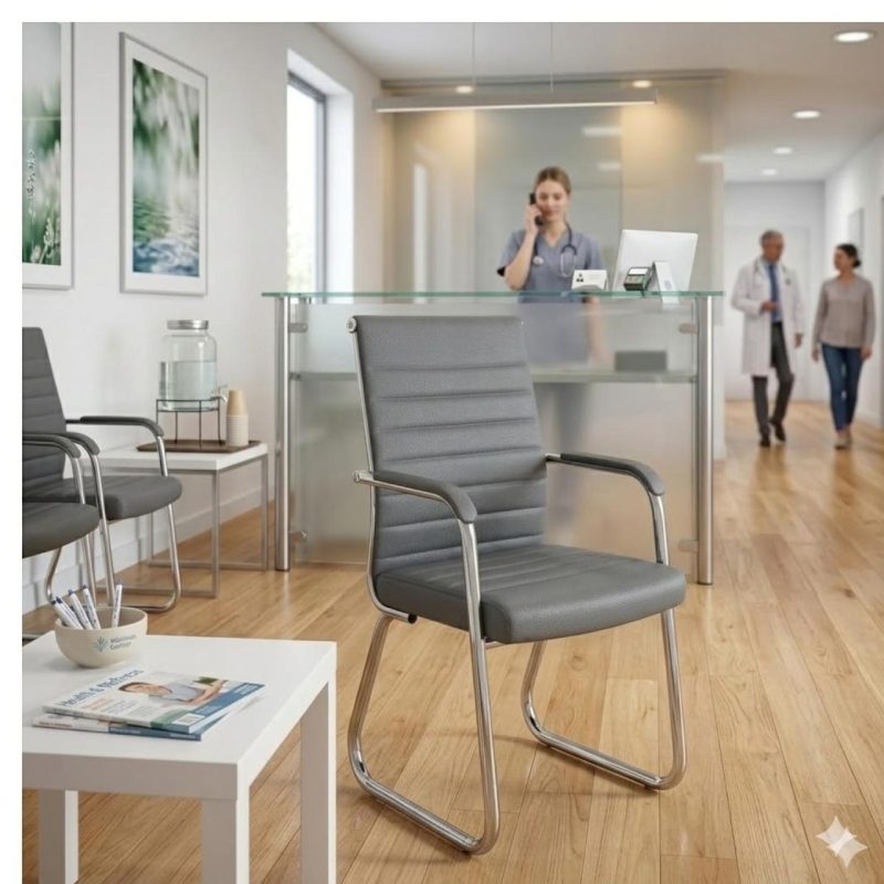 Cadeira de Escritório Fixa Diretor em Couro Ecológico Cinza e Base Cromada LONDON - Corino Cinza - 32803