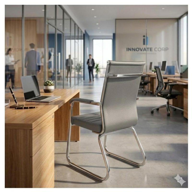 Cadeira de Escritório Fixa Diretor em Couro Ecológico Cinza e Base Cromada LONDON - Corino Cinza - 32803