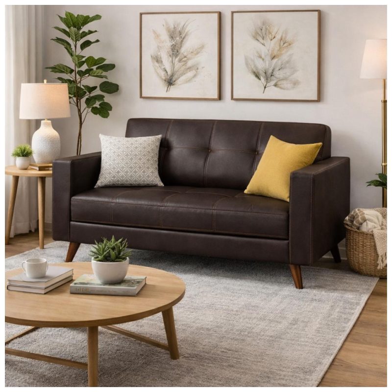 Sem categoria Sofá para Escritório 02 Lugares Slim Roma – Design Retrô com Pés Palito - Corino Café - 62401