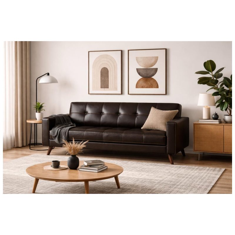 Sem categoria Sofá para Escritório 03 Lugares Slim Roma – Design Retrô com Pés Palito - Corino Café - 62402