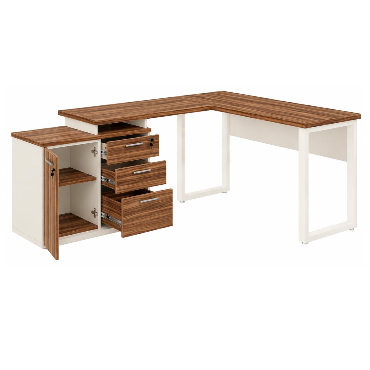 Mesa Escritório em “L” – 1,70×1,50m (Extensível) – com Armário Misto (03 Gav.) – Sevilha / Champanhe – 34604