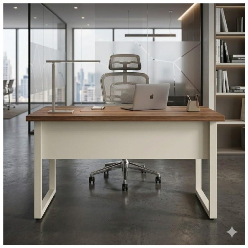 Móveis para Escritório Mesa de Escritório Industrial Amadeirada Pé Quadro 1,20x0,60m - Nogal Sevilha / Champanhe - 34303