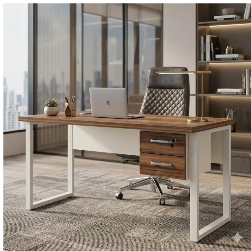 Móveis para Escritório Mesa Escritório PÉ QUADRO 1,70x0,70m -C/ 02 Gavetas - NOGAL SEVILHA / BRANCO - 34322