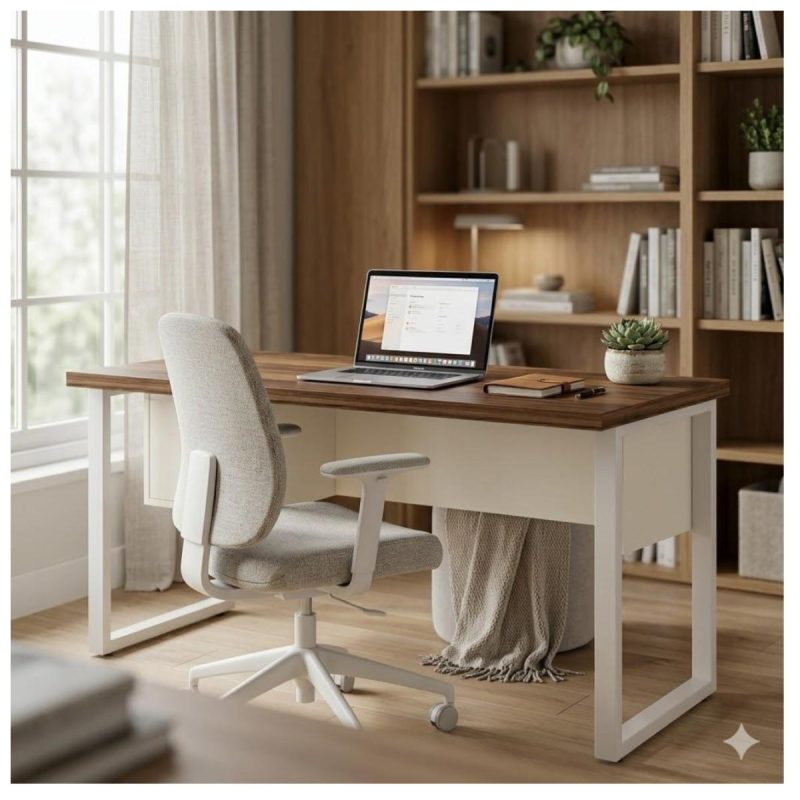 Móveis para Escritório Mesa de Escritório Industrial Amadeirada com Gavetas Pé Quadro 1,50x0,60m - Nogal Sevilha / Champanhe - 34321