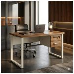 Móveis para Escritório Mesa de Escritório Industrial Amadeirada com Gavetas Pé Quadro 1,20x0,60m - Nogal Sevilha / Champanhe - 34320