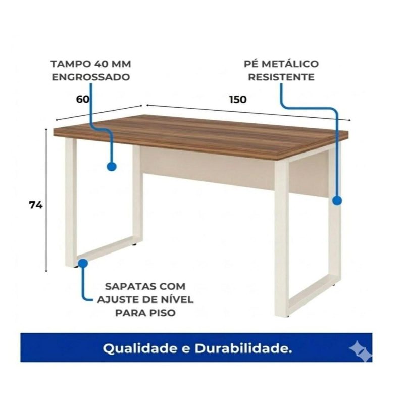 Móveis para Escritório Mesa de Escritório Industrial Amadeirada com Gavetas Pé Quadro 1,50x0,60m - Nogal Sevilha / Champanhe - 34321