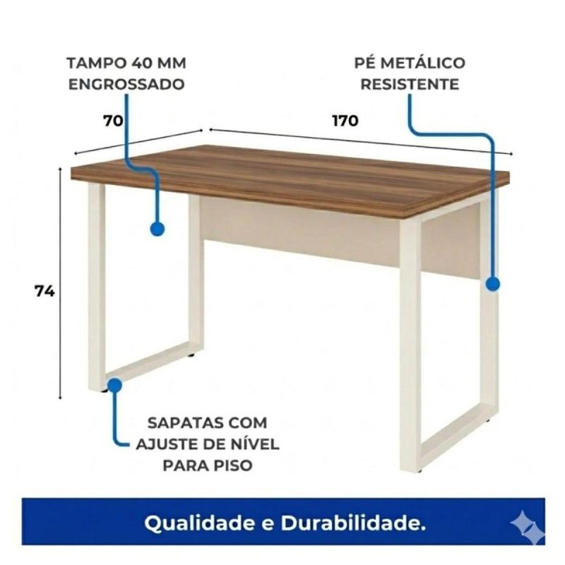 Móveis para Escritório Mesa Escritório PÉ QUADRO 1,70x0,70m -C/ 02 Gavetas - NOGAL SEVILHA / BRANCO - 34322