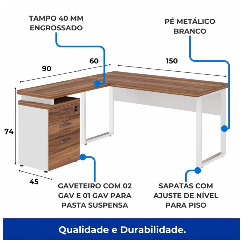 Móveis para Escritório Escrivaninha para Escritório e Home Office Amadeirada - 1,50x1,50m - Nogal Sevilha / Champanhe - 34339