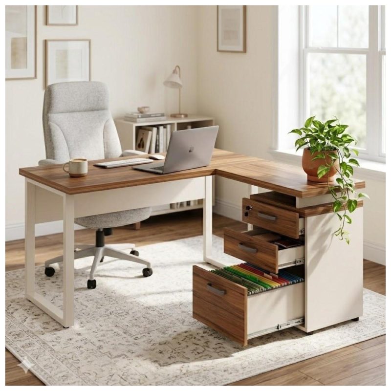 Móveis para Escritório Escrivaninha para Escritório e Home Office Amadeirada - 1,70x1,60m - Nogal Sevilha / Champanhe - 34340