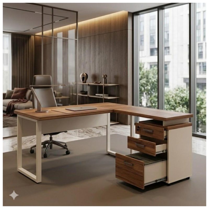 Móveis para Escritório Escrivaninha para Escritório e Home Office Amadeirada - 1,70x1,60m - Nogal Sevilha / Champanhe - 34340