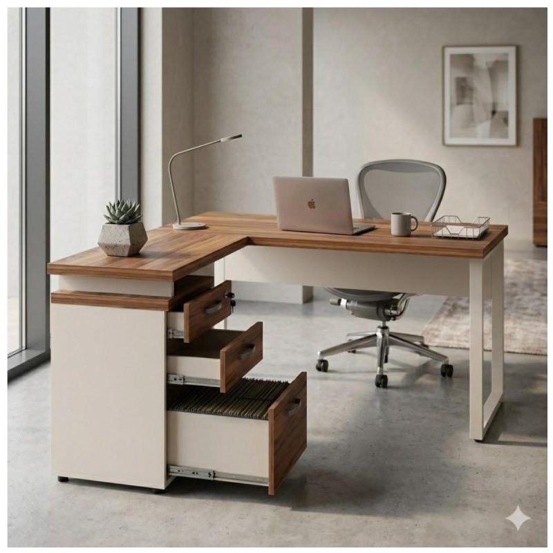 Móveis para Escritório Escrivaninha para Escritório e Home Office Amadeirada - 1,70x1,60m - Nogal Sevilha / Champanhe - 34340