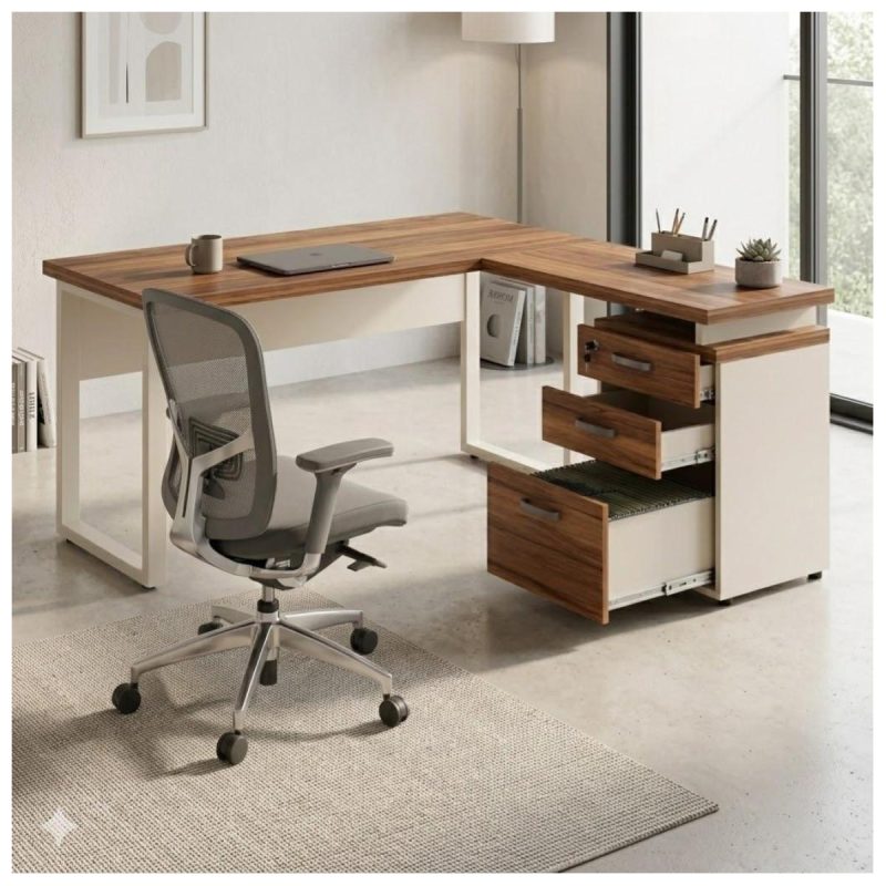 Móveis para Escritório Escrivaninha para Escritório e Home Office Amadeirada - 1,70x1,60m - Nogal Sevilha / Champanhe - 34340