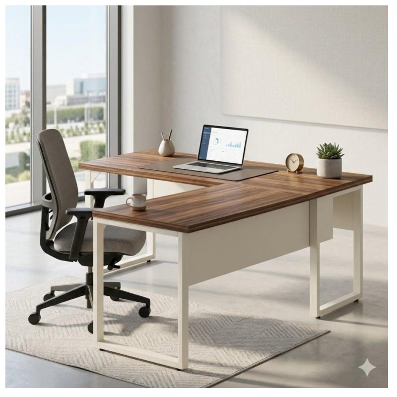 Móveis para Escritório Escrivaninha para Escritório e Home Office Amadeirada com Gavetas - 1,70x1,60m - Nogal Sevilha / Champanhe - 34332