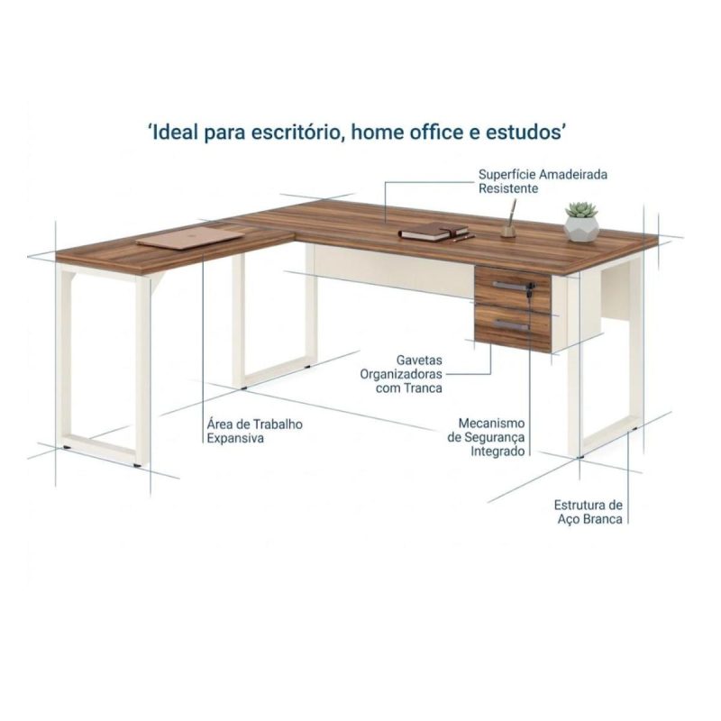 Móveis para Escritório Escrivaninha para Escritório e Home Office Amadeirada com Gavetas - 1,70x1,60m - Nogal Sevilha / Champanhe - 34332