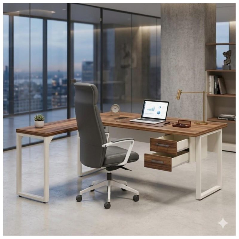 Móveis para Escritório Escrivaninha para Escritório e Home Office Amadeirada com Gavetas - 1,50x1,50m - Nogal Sevilha / Champanhe - 34330