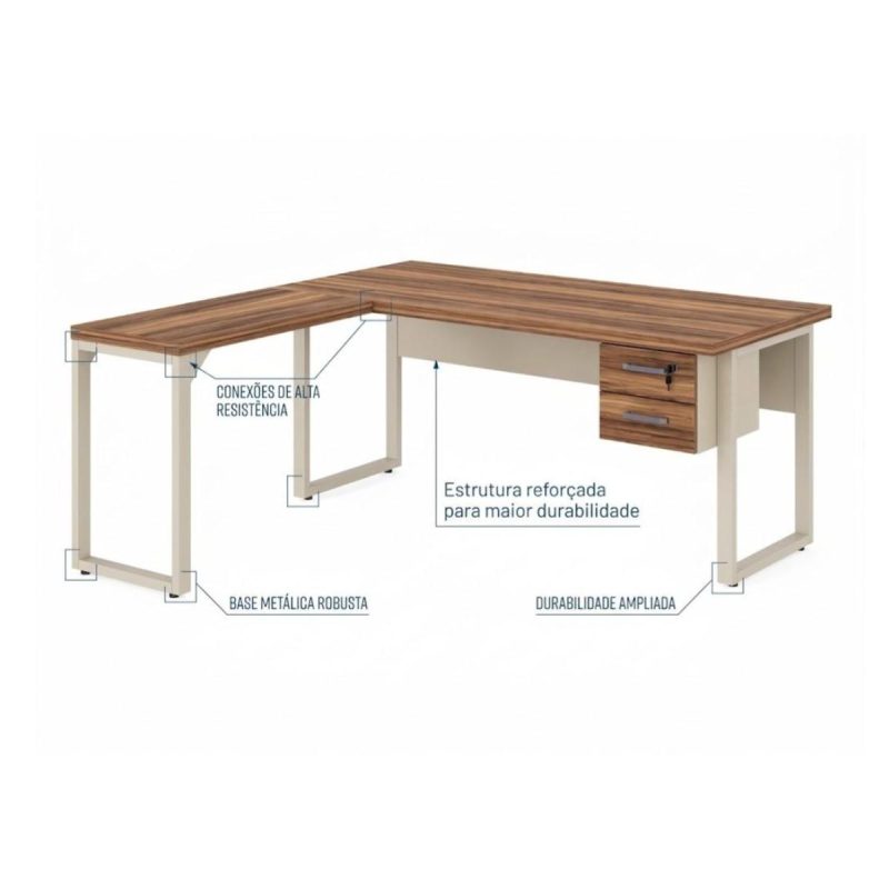 Móveis para Escritório Escrivaninha para Escritório e Home Office Amadeirada com Gavetas - 1,70x1,60m - Nogal Sevilha / Champanhe - 34332