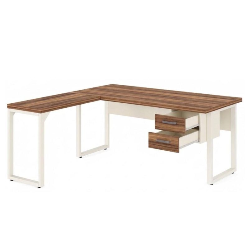 Escrivaninha para Escritório e Home Office Amadeirada com Gavetas – 1,70×1,60m – Nogal Sevilha / Champanhe – 34332