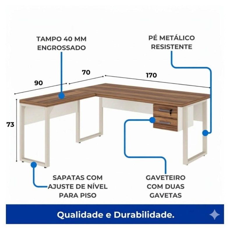 Móveis para Escritório Escrivaninha para Escritório e Home Office Amadeirada com Gavetas - 1,70x1,60m - Nogal Sevilha / Champanhe - 34332