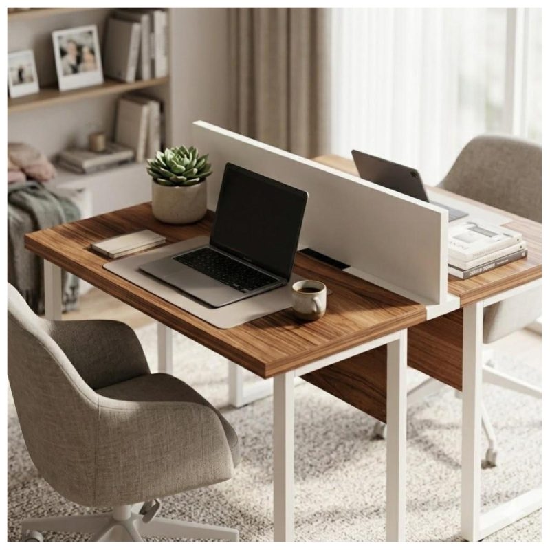 Móveis para Escritório Mesa de Escritório Dupla 40mm com Pé Metálico e Divisória Home Office com Divisória c/ ponto de tomada 1,20x1,35m - Cor Sevilha / Champanhe - 34424