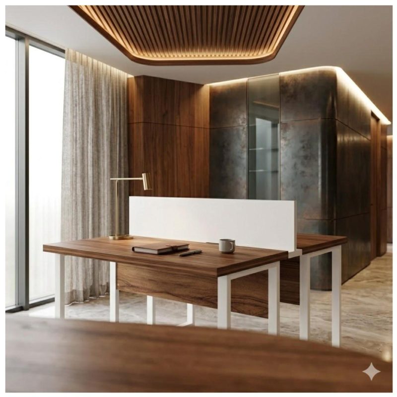 Móveis para Escritório Mesa de Escritório Dupla 40mm com Pé Metálico e Divisória Home Office com Divisória c/ ponto de tomada 1,20x1,35m - Cor Sevilha / Champanhe - 34424