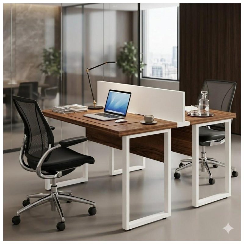 Móveis para Escritório Mesa de Escritório Dupla 40mm com Pé Metálico e Divisória Home Office com Divisória c/ ponto de tomada 1,20x1,35m - Cor Sevilha / Champanhe - 34424