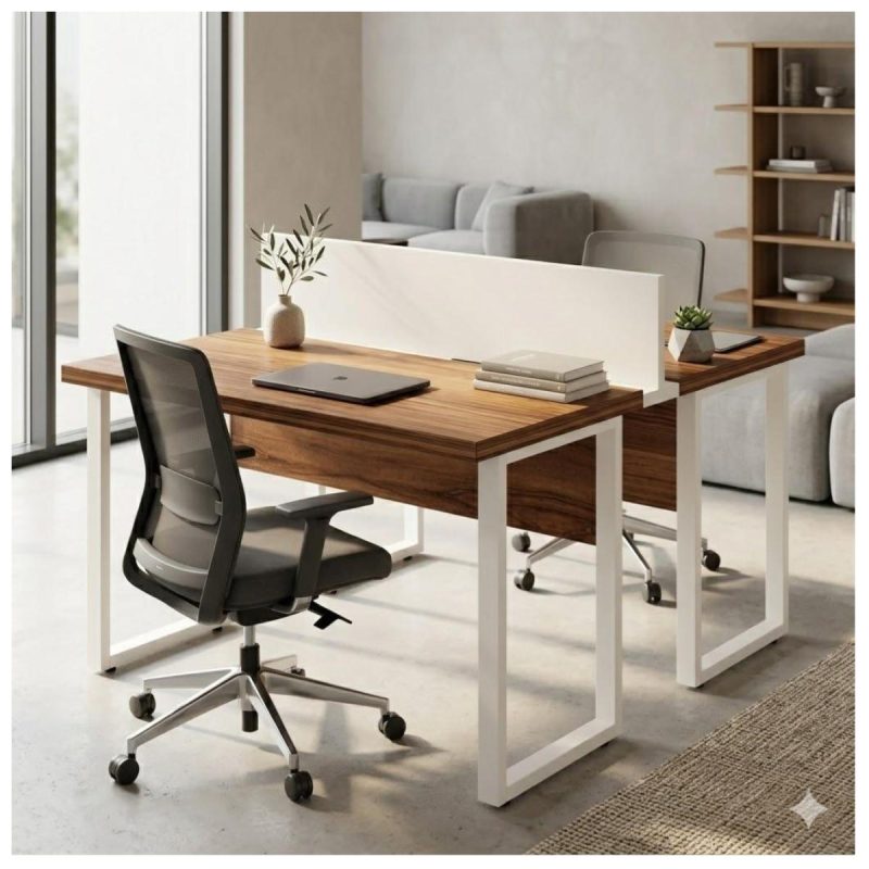 Móveis para Escritório Mesa de Escritório Dupla 40mm com Pé Metálico e Divisória Home Office com Divisória c/ ponto de tomada 1,20x1,35m - Cor Sevilha / Champanhe - 34424