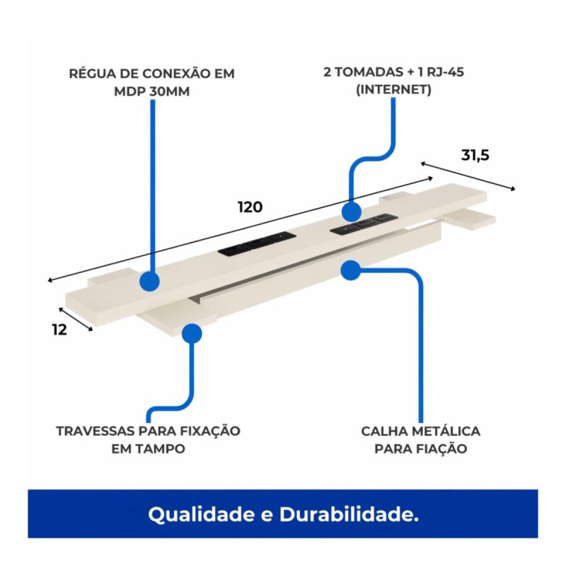 Móveis para Escritório Mesa de Escritório Dupla 40mm com Pé Metálico e Gavetas Home Office c/ ponto de tomada 1,20x1,35m - Cor Sevilha / Champanhe -34423
