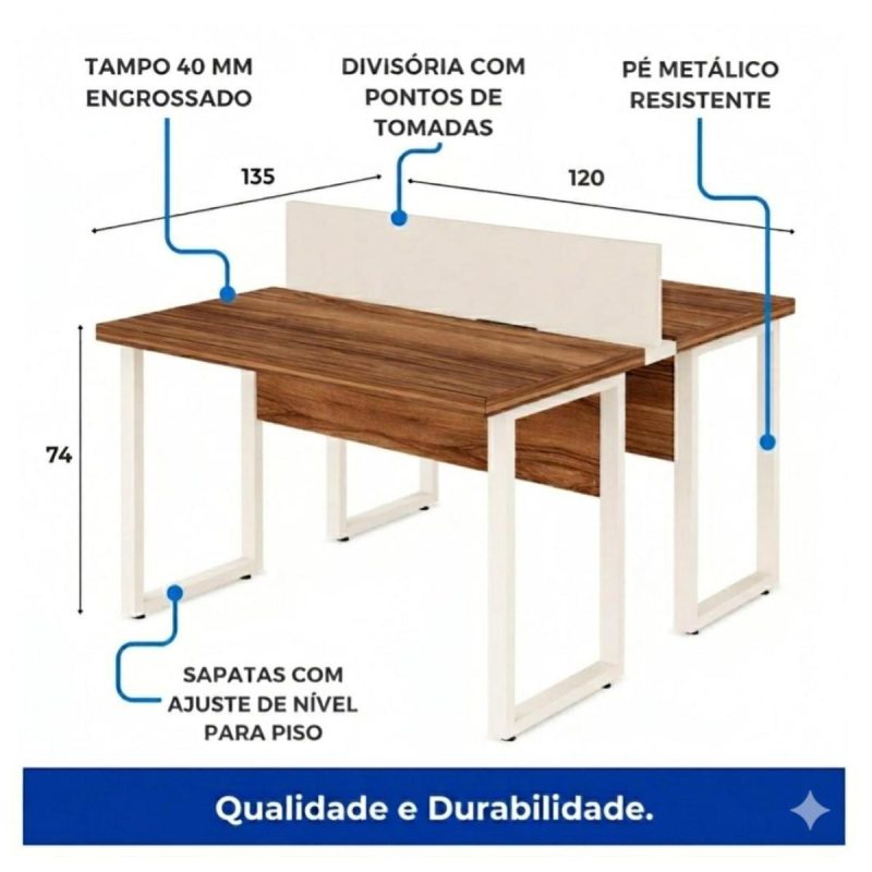 Móveis para Escritório Mesa de Escritório Dupla 40mm com Pé Metálico e Divisória Home Office com Divisória c/ ponto de tomada 1,20x1,35m - Cor Sevilha / Champanhe - 34424