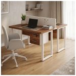 Móveis para Escritório Mesa de Escritório Dupla 40mm com Pé Metálico e Gavetas Home Office c/ ponto de tomada 1,20x1,35m - Cor Sevilha / Champanhe -34423