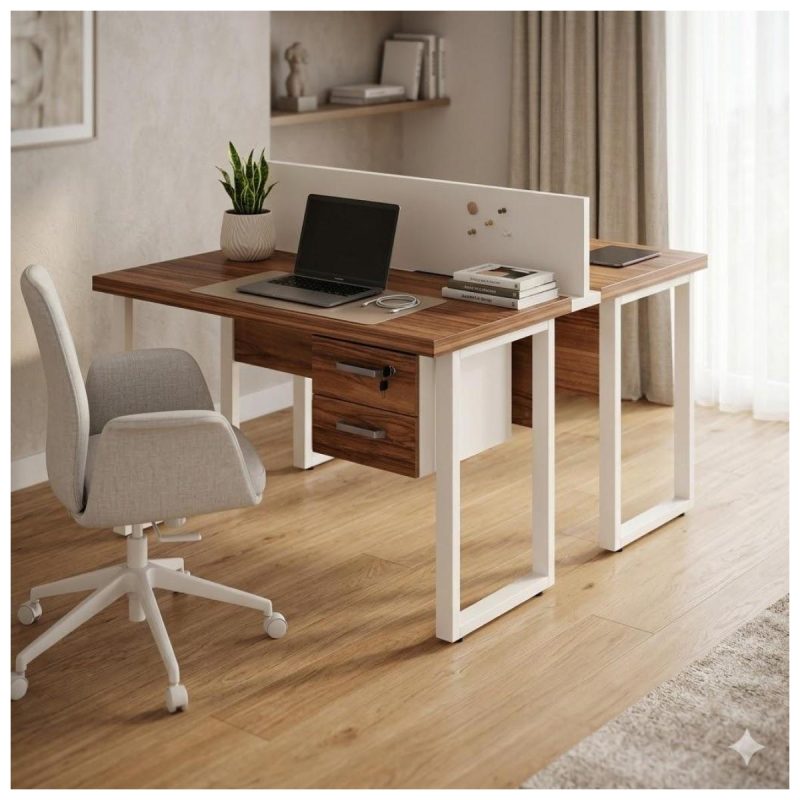 Móveis para Escritório Mesa de Escritório Dupla 40mm com Pé Metálico e Gavetas Home Office c/ ponto de tomada 1,20x1,35m - Cor Sevilha / Champanhe -34423